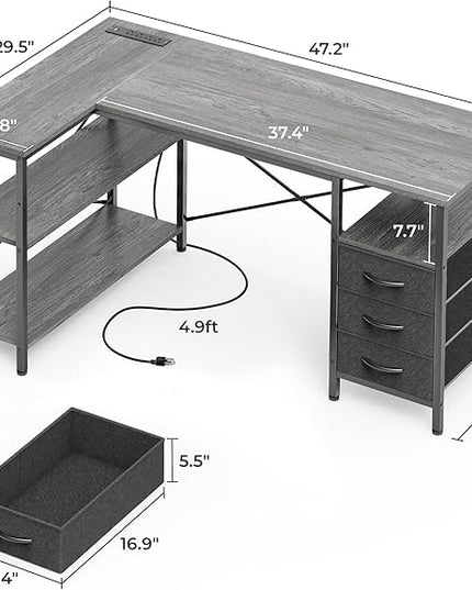 Huuger L Shaped Office Desk with Power Outlets, 47 Inch Computer Desk with 3 Drawers, Shelves, for Gaming, Corner Work, Home Office, Study, Grey