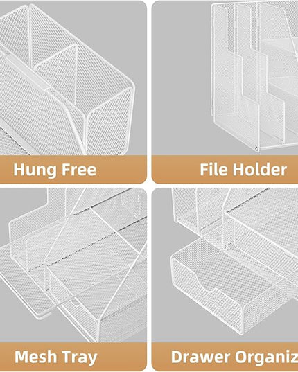 Marbrasse Desk Organizer and Accessories, 3-Tier File Organizer with Drawer and Pen Holder, Small Desktop Organizer and Storage for Workspace Office Supplies White