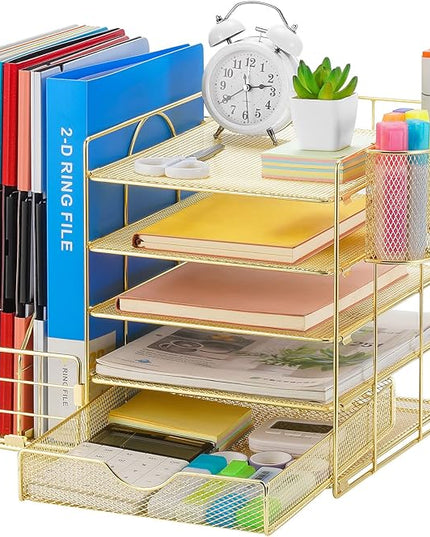 Marbrasse Rose Gold Desk Organizer with File Holder, 5-Tier Paper Letter Tray Organizer with Drawer and 2 Pen Holder, Mesh Desktop Organizer and Storage with Magazine Holder for Office Supplies