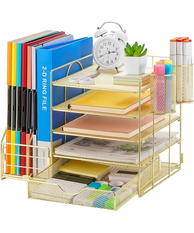 Marbrasse Rose Gold Desk Organizer with File Holder, 5-Tier Paper Letter Tray Organizer with Drawer and 2 Pen Holder, Mesh Desktop Organizer and Storage with Magazine Holder for Office Supplies