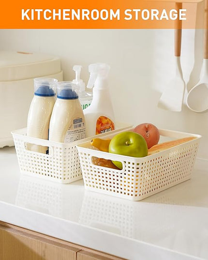 Plastic Storage Baskets With Lid, Storage Bins for Organizing, Stackable Decorative Containers for Shelves Drawers Desktop Closet Playroom Classroom Office, 10 Pack-White