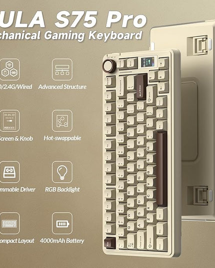 AULA S75 PRO Wireless Mechanical Keyboard with Screen&Knob, 75% Hot Swappable Gaming Keyboard with Pre-lubed Switches, RGB Backlit, PBT Keycaps, Creamy Sounding Computer Keyboards