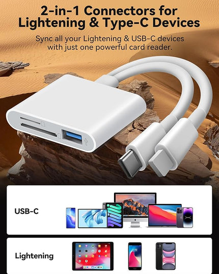 SD Card Reader for iPhone iPad Lightening USB-C Dual Connector Memory Card Adapter with Dual Slots & USB Port Trail Camera Viewer for Mac MacBook Pro/Air/Mini Android Laptop