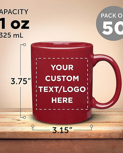 Custom Ceramic Coffee Mugs 11 oz. Set of 50, Personalized Bulk Pack - Coffee cup set, Iced coffee cup, Gaming mug - Red
