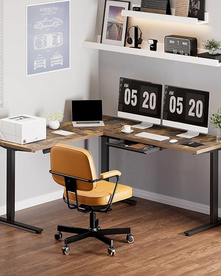 FLEXISPOT L Shaped Standing Desk, 71 x 63 Inch Electric Height Adjustable Corner Desk, Sit Stand Computer Workstation, Preset Controller, Home Office, Black Frame with Rustic Brown Top, Black Drawer