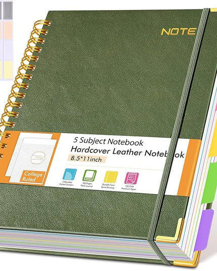 Hardcover Large Spiral Notebook 8.5" x 11" with Removable Dividers Tabs, 300 pages Leather 5 Subject Notebook College Ruled, A4 Journal for Women Men, Notebooks for Work School Note taking, Green