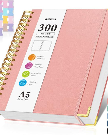 Blank Spiral Notebook: Leather Sketch Book, 300 Pages Hardcover Unlined Notebook for Women Men,100GSM Thick No Bleed Paper Journal, A5 Small Art Sketchbook for Drawing Writing Work, 5.5" x 8", Pink