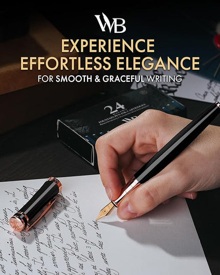 Wordsworth & Black Fountain Pen Set, 18K Gilded Medium Nib, Includes 24 Pack Ink Cartridges, Ink Refill Converter & Gift Box, Gold Finish, Calligraphy, [Black Rose Gold], Perfect for Men & Women