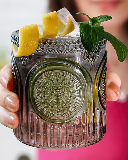 Ribbed Retro Arch Floral Smoke Grey Drinking Glasses Set of 6, (10 oz) Vintage Glassware Set by Kate Aspen| Cocktail Glass Set, Juice Glass, Water Cups | Hostess Gift & Present for New Home Owners