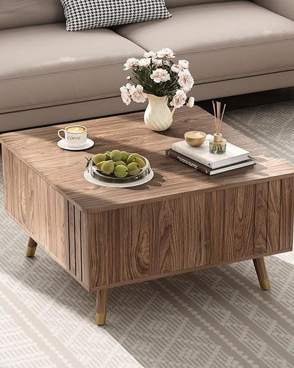 JOINICE 32" Square Lift Top Coffee Table with Storage,Mid Century Modern Walnut Center Table with Rising Desktop for Living Room, Brown Wood Finish