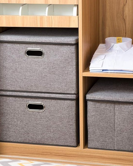 PRANDOM Large Collapsible Storage Containers with Lids [5-Pack] Linen Fabric Foldable Storage Bins Boxes Organizer Baskets Cube with Cover for Home Bedroom Closet Office Nursery (17.7x11.8x11.8)