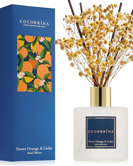 COCORRÍNA Reed Diffuser - Sweet Orange & Cedar 6.7 Fl.oz Reed Diffuser Set with Sticks & Preserved Baby's Breath, Reed Diffuser for Home Bathroom Shelf Decor