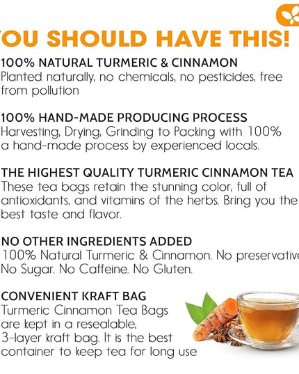 FreshDrinkUS, Premium 135 Turmeric Cinnamon Tea Bags, 100% Natural, Blend of Turmeric, and Cinnamon. Made with Natural Material Tea Bags. No Sugar. No Caffeine. Vegan.