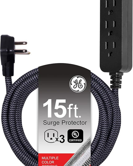 GE 3-Outlet Power Strip Surge Protector 15 Ft Braided Long Cord Extension Cord Surge Protector Power Strip Flat Plug Extension Cord 250 Joules ETL Listed Black 44237