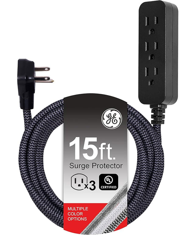 GE 3-Outlet Power Strip Surge Protector 15 Ft Braided Long Cord Extension Cord Surge Protector Power Strip Flat Plug Extension Cord 250 Joules ETL Listed Black 44237