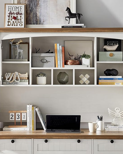 OKD Farmhouse Hutch for 60" Executive Desk, Office Desk Storage Cabinet with Glass Doors and Shelves, Top Hutch Organizer for Home Office - Antique White