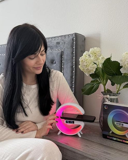 Waveloop Speaker Alarm Clocks for Bedrooms with Wireless Charging and G Bluetooth Speaker, Sunrise Wake Up Light RGB Night Lamp, 4-Button Bedside Alarm Clock for Bedroom Time Display, USB-C