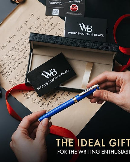 Wordsworth & Black Fountain Pen Set, 18K Gilded Medium Nib, Includes 24 Pack Ink Cartridges, Ink Refill Converter & Gift Box, Gold Finish, Calligraphy, [Imperial Blue], Perfect for Men & Women