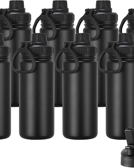 DOMICARE 16 oz Kids Water Bottle for School Stainless Steel Double Wall Vacuum Insulated Water Bottle with Straw lids & Spout Lid, Leakproof BPA Free （Black,8)