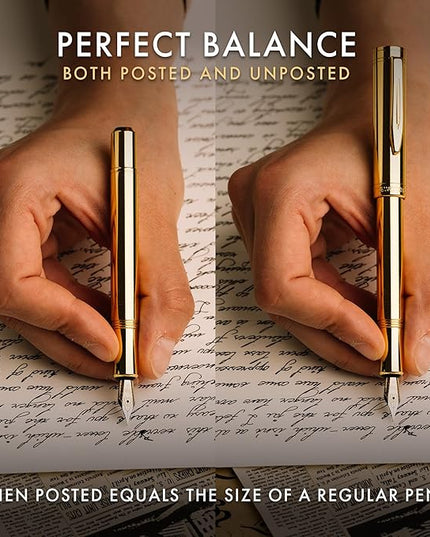 Wordsworth and Black Fountain Pen Mini EDC: Luxury Gold Heavy Pocket Pen, Gold Finish, Medium Nib, 6 Ink Cartridges, Ink Converter, Travel Refillable Writing Pen Gift Set, Men & Women