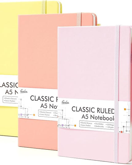 feela 3 Pack Hardcover Notebook For Women, Classic Ruled Lined Journal Set School Business Supplies, with 3 Black Pens, 120 GSM, 5.1”x8.3”, A5, Pastel Colors, Light Yellow, Light Pink, Pale Orange