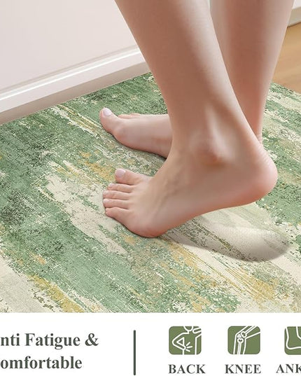 Collive Kitchen Mats Cushioned Anti Fatigue, Modern Abstract Non Slip Kitchen Floor Mat Waterproof Green Sink Rug 2 Piece, Comfort Desk Standing Rugs for Bedroom, Office, Laundry, 17"x29"+17"x47"