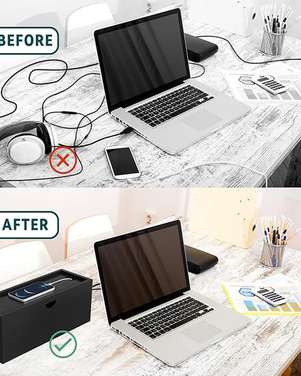 Bamboo Cable Management Box, Large Cord Organizer Box Cable Box to Hide Wires & Power Strips for Desktop Storage Cord Holder for Office Home,No Assembley Required (All Black, Large)