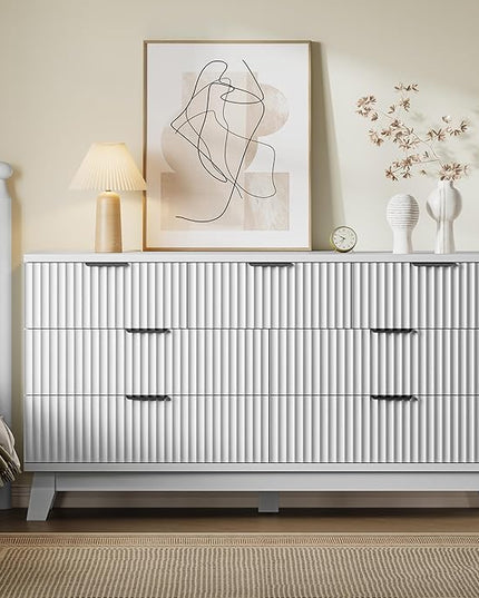 BORNOON 57" Long Dresser for Bedroom, 7-Drawer Fluted Chest, Wide Wood Storage Dresser with Metal Slides and Handles, Stable Base, Modern Clothes Organizer for Primary Suite, Guest Room, Nursery