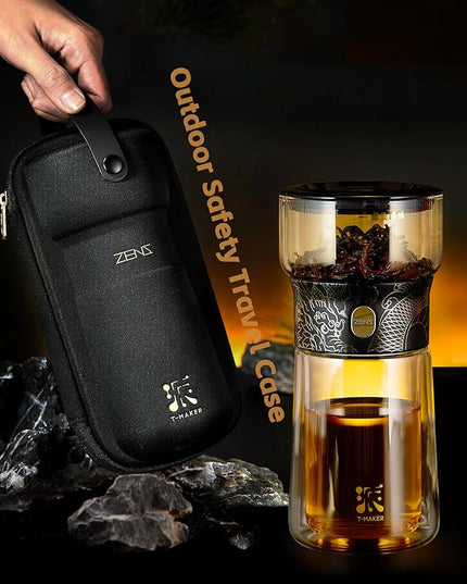 ZENS Cool Glass Teapot with Infuser, Smart One Touch Tea Maker for Loose Tea Diffusers with Insulated Mug and Portable Tea Kits, Enchanted Teapot Alternatives for Tea Lover Gifts