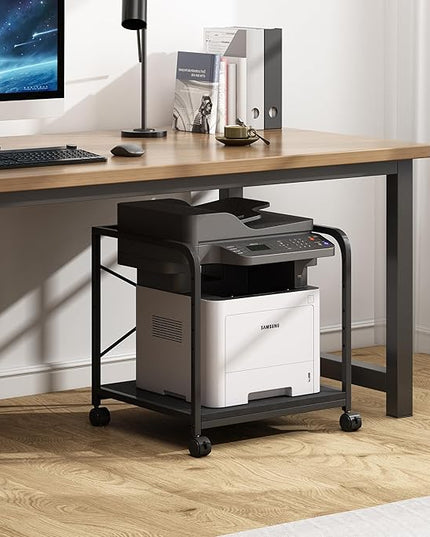 2 Tier Under Desk Printer Stand with Storage, 20 Inches Deep Large Printer Table with Height Adjustable Shelf, Rolling Printer Cart with Wheels for Home Office - Black