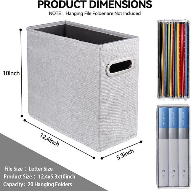 4 Pack Letter Size File Storage Box Collapsible, Fabric Hanging File Folders Organizer, Portable Office Document Holder with Metal Handle, Smooth PVC Rails, Light Gray