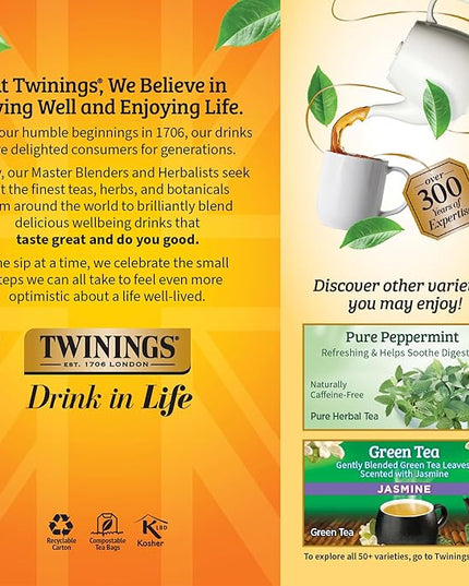 Twinings Lemon & Ginger Herbal Tea Individually Wrapped Bags, 25 Count (Pack of 6), Spicy Ginger, Lemon Peel, & Lemongrass, Naturally Caffeine-Free, Enjoy Hot or Iced, 150 Teabags