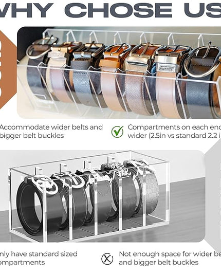 Targum Belt Organizer for Large Buckles – Extra-Wide Acrylic Belt Organizer with 7 Compartments for Closet and Drawer