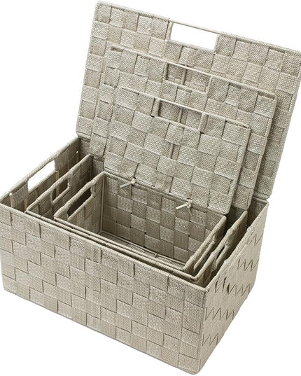 Sorbus Set of 3 Storage Baskets for Organizing with Lid – Mesh Hand-Woven Baskets for Closet, Shelf & Home Storage (Beige, Variety Pack)