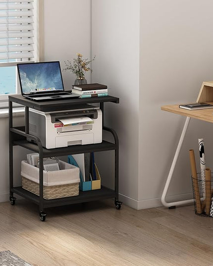 Printer Stand, 23.6 x18.9 x 30 Inches Large Printer Table with Adjustable Storage Shelf, 3 Tier Rolling Printer Cart with Wheels for Home Office, Stand for Heat Press Mini Fridge, Black