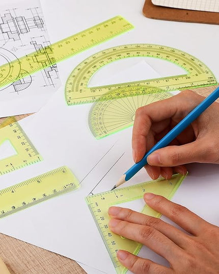 Tenare 1 Set Plastic Clear Math Set Includes Protractor Triangle Rulers 12 Inch 6 Inch Straight Geometry Math Transparent Ruler Measuring Tool for School Office Home Supplies(Yellow)