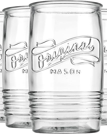 Glaver's Glass Tumbler Drinking Glasses Set of 4 – Genuine Artisan-Made Vintage Italian Original Mason – Elegant 20 Oz Clear Tumbler Glassware Set for Refreshing Drinks, Beverages, Iced Tea.
