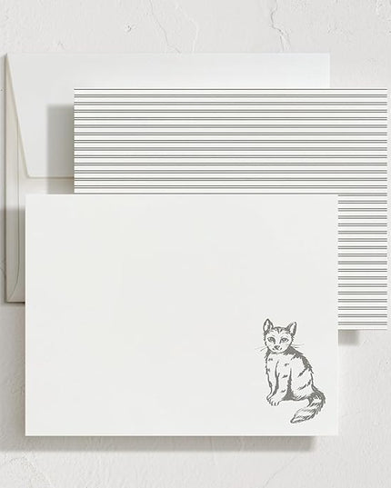 Minted Furry Friend Stationery Set, Set of 10, Flat Note Cards & Envelopes for Invitiations and Handwritten Thank You Messages, Black & White Cat, Gifts for Men & Women, Pet Lovers, Luxurious Paper