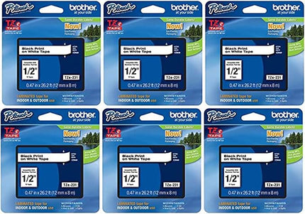 Brother Genuine P-Touch, TZe-231 6 Pack Tape ½” (0.47”) x 26.2 ft. (8m) 6-Pack Laminated P-Touch Tape, Black on White, Perfect for Indoor or Outdoor Use, Water Resistant, TZE2316PKB (TZE231)