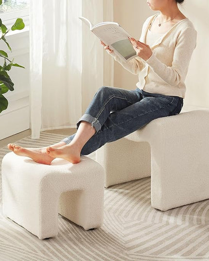 Small Footstool Ottoman Vanity Stool Chair Seating Backless Modern Foot Rest Teddy Velvet Ottoman Set for Makeup Room Living Room Bedroom Entryway,White (2-in-1)