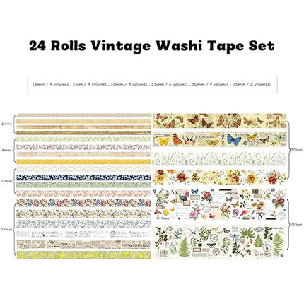 24 Rolls Vintage Washi Tape Set, Floral Letter Butterfly Mushroom Botanical Flower Writable Decorative Tapes for Scrapbooking , Junk Journal supplies, Bullet Journaling 5-75mm Wide 9.84ft long/Roll