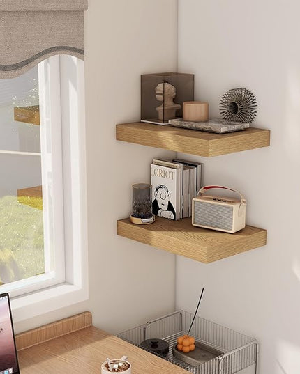 12 Inch Deep Floating Shelves, 16 x 12 Floating Shelf for Books, Rustic Wood Deep Wall Shelves for Home Storage & Display, 2" Thicked Shelves for Kitchen, Living Room, Bedroom, Oak Color, 2 Pack