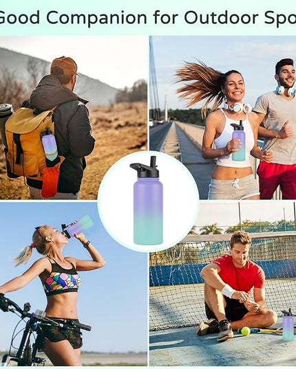 DOMICARE 40 oz Insulated Water Bottle Bulk, Vacuum Insulated Stainless Steel Sports Water Bottle with Straw Lid & Spout Lid, Leakproof, Reusable - Travel, Camping, Bike, Purple Green Gradient(4 Pack)