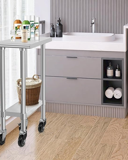 HARDURA Stainless Steel Commercial Table Prep & Work Table with Casters Heavy Duty Metal Table with Wheels NSF 430 24×12 Inches