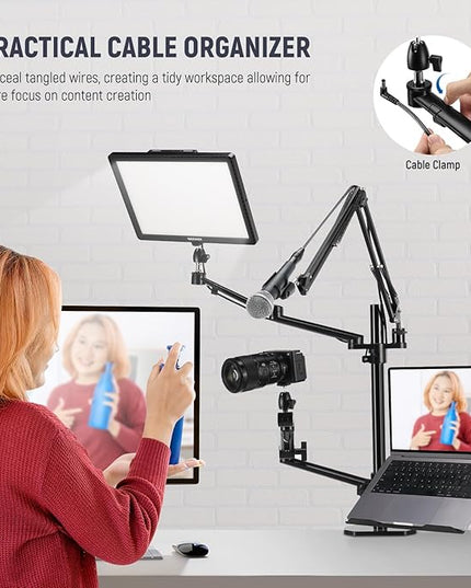 NEEWER Overhead Camera Stand Desk Mount Rig with 4 Boom Arms for Photography Video Light Ring Light Phone Mount Webcam Mic Compact DSLR for Live Streaming Broadcast Online Teaching Meeting, DS007
