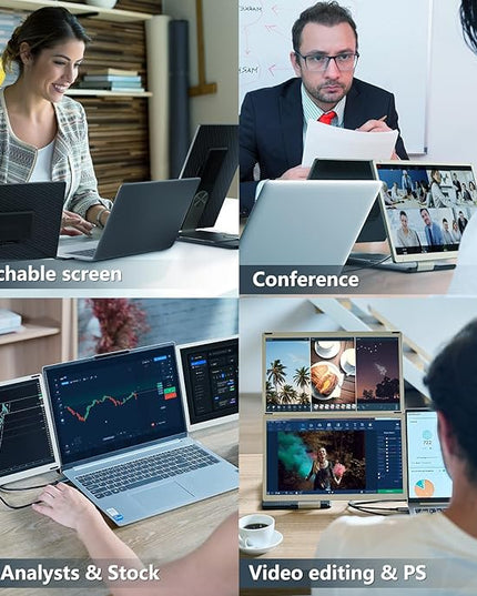 ROYY Laptop Screen Extender Triple Monitor - 15.6" Detachable Portable Computer Monitor, FHD 1080P IPS 235 Degrees Rotation Extra Screen Compatible with Mac Wins Dex Chrome Fits 13-17" Laptop