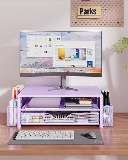 OPNICE Desk Organizers and Accessories, 2-Tier Computer Monitor Stand Riser with Drawer and 2 Pen Holders, Laptop Stand, Office Desk Accessories & Office Decor for Women, Purple