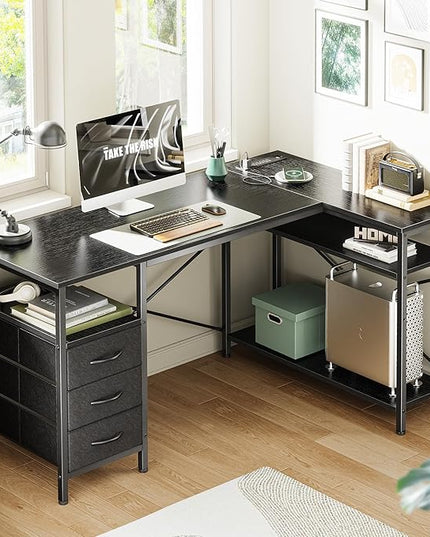 Huuger L Shaped Office Desk with Power Outlets, 47 Inch Computer Desk with 3 Drawers, Shelves, for Gaming, Corner Work, Home Office, Study, Black