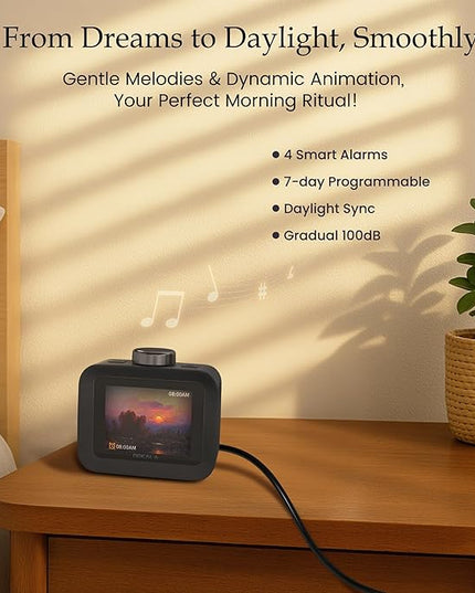 Dekala AuraDot White Noise Sound Machine for Sleep Temperature Humidity Monitor, 30 Non-Loop Soothing Sounds, Timer/Play All Night, Animationed Sleep Screen, 7-Day Programmable 4 Alarm Clock Black