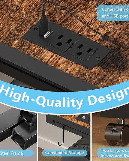 Computer Tower Stand with LED Light Strip,Mobile Rolling CPU Holder,Height Adjustable PC Tower Stand with Charging Station for Office Home (Rustic Brown)